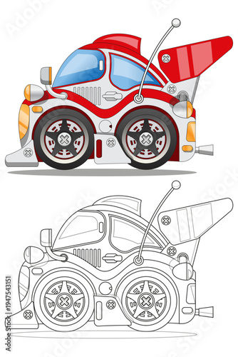 Funny racing car. Coloring. Side view. Isolated on white background. Vector illustration.