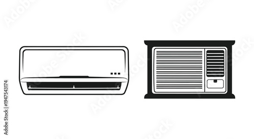 Two modern air conditioning units are depicted in a stark black and white illustration silhouette