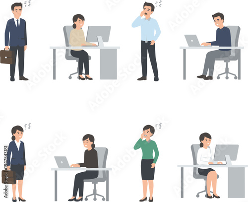 Set of tired and sleepy office workers struggling with work and burnout in flat vector illustration style