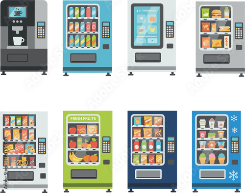 Set of various modern vending machines with snacks drinks coffee and fresh food isolated on white background vector illustration