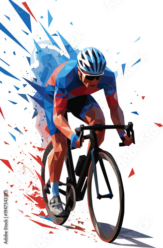 Low poly cyclist racing forward dynamic geometric illustration professional road bicycle athlete speed motion sports competition colorful shattered polygon style isolated background design
