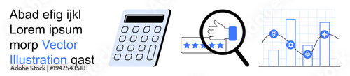 Data analytics, online reviews, performance tracking, statistics visualization, business insights, customer feedback. Calculator, rating stars under magnifying glass, and bar graph with line chart