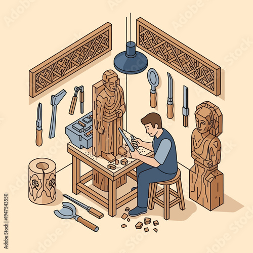 An isometric illustration of a wood carver working in a workshop with tools.