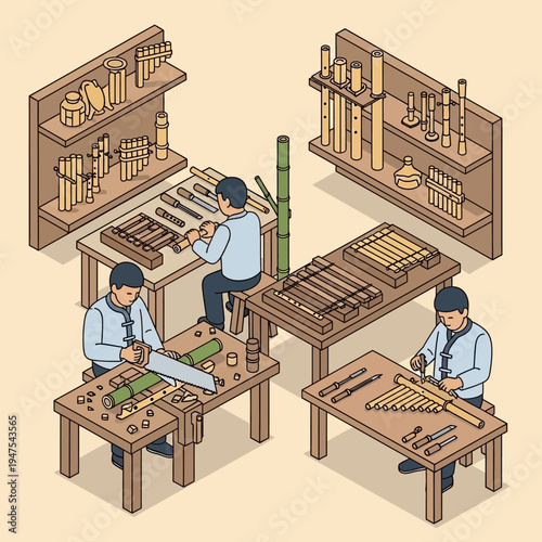 Illustration depicting artisans crafting traditional bamboo musical instruments in a workshop setting.