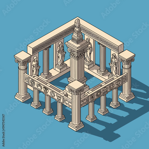 Isometric illustration of a classical architectural structure with columns and statues.