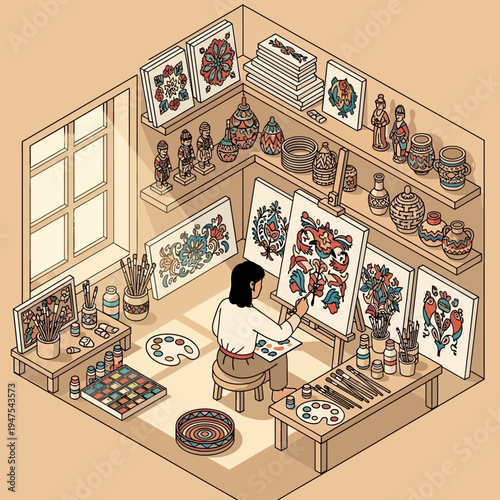 An artist meticulously paints in a well-lit studio, surrounded by finished artwork and supplies.