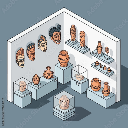 Isometric illustration of an art museum gallery showcasing various artifacts and exhibits.
