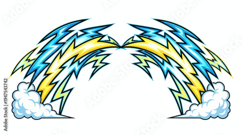 Vibrant Comic Style Lightning Bolt Wings with Fluffy Clouds. Dynamic Blue and Yellow Electrical Spark Energy Illustration Isolated on White Background for Graphic Design.