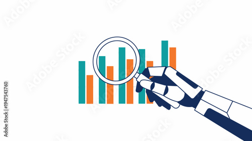 AI Robotic Hand Holding Magnifying Glass Analyzing Business Bar Chart Data, Machine Learning and Business Intelligence Concept
