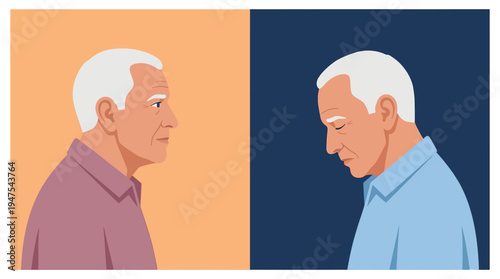 Mental Health Concept for Seniors Illustration with an Elderly Man Showing Mood Contrast between Well-being and Depression or Dementia