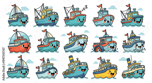 Set of cute cartoon boat characters with different expressions
