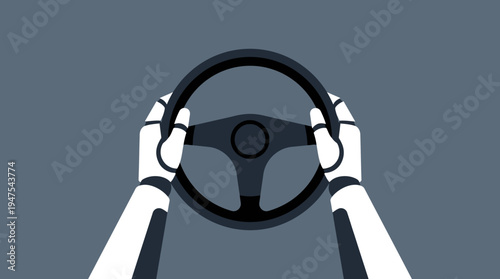 Autonomous Vehicle Technology Concept showing Robotic Hands Gripping a Car Steering Wheel for Self-Driving and AI Transportation
