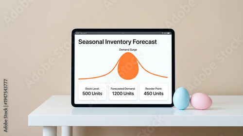 Tablet on a white table showing seasonal inventory forecast with demand surge graph, stock level, forecasted demand and reorder point, with pastel eggs beside it.