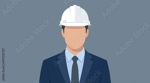 Professional Civil Engineer or Construction Manager Icon Illustration - Faceless Male Businessman in Suit and White Safety Hard Hat