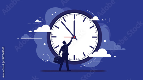 Two businessmen in suits shake hands in front of a giant open door with bright light while one carries a briefcase for a successful business deal.