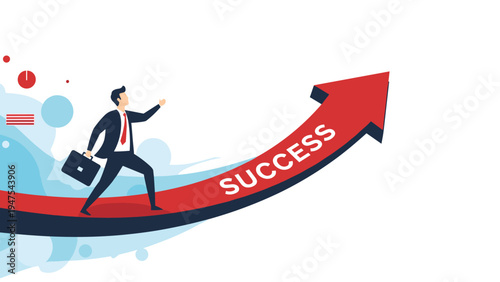 Blue silhouette of a businessman speaks at a podium to four people while three colorful speech bubbles float above his head against yellow sky.