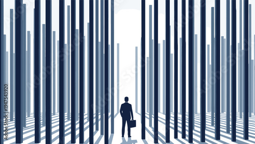 Professional businessman looks through a telescope at two interlocking giant blue jigsaw puzzle pieces surrounded by business icons and data graphs.