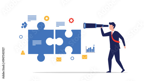 Businessman uses a telescope to look through a giant clock toward the horizon while a woman in the background checks her tablet for time management.