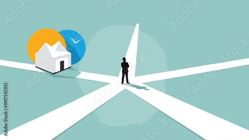 Team of diverse business professionals with backpacks walks together on top of a giant pointing hand directed toward the future horizon and sun.