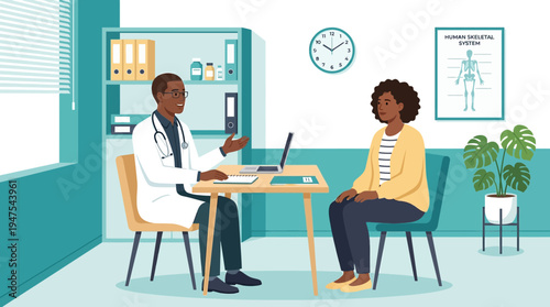 African American Male Doctor Consulting with Female Patient in Modern Medical Clinic Office, Flat Vector Illustration of Healthcare Appointment
