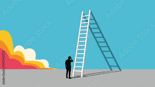 Pensive man stands at a signpost with blue and yellow signs labeled buy and sell while a dollar symbol floats in a cloud above him for finance.