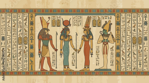 Ancient Egyptian Gods and Hieroglyphs on Papyrus Background Illustration - Horus, Isis, Hathor, and Osiris Decorative Mural