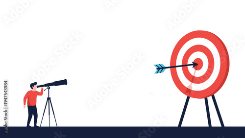 Silhouette of a man stands on a dark cliff edge using a telescope to look toward the horizon of a cloudy blue sky for future business vision.