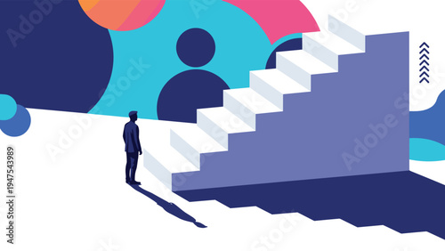 Ambitious businessman standing before a massive staircase ready to embark on a journey towards professional success.