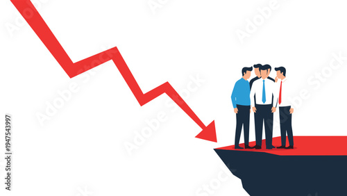 Concerned businessmen facing a financial crisis represented by a red downward arrow pointing towards a steep cliff edge.