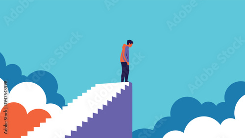 Young man standing at the edge of a staircase high in the clouds reflecting on his journey and next steps in life.