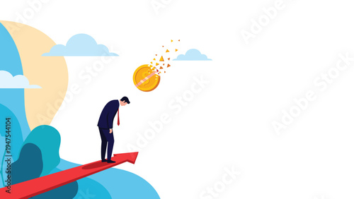 Sad businessman standing on a rising red arrow looking at a gold dollar coin breaking into many small fragments.