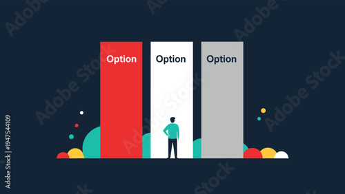 Confused person standing before three large pillars labeled option representing a difficult decision or choice in life.