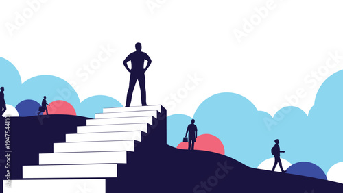 Proud man standing at the top of a white staircase overlooking a landscape with other people moving on paths.