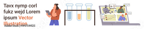 Scientific research, teamwork, data analysis, technology, education, innovation. Person with a tablet, test tubes and a laptop displaying collaborative research scenes. Scientific research