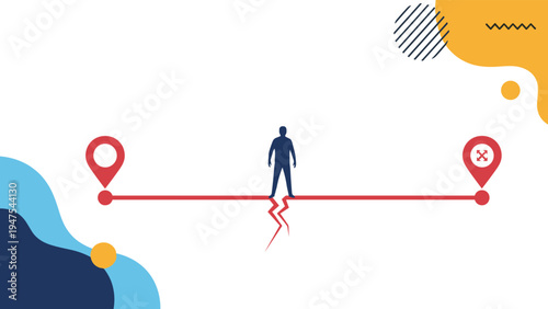 Man standing on a red path that is cracking right between two location pins representing a broken connection or plan.