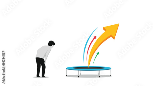 Businessman observing colorful upward arrows jumping off a small trampoline representing rapid growth and potential.
