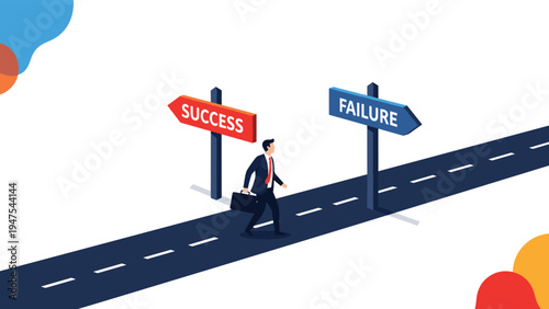 Businessman walking along a highway with directional signs pointing towards success and failure respectively.