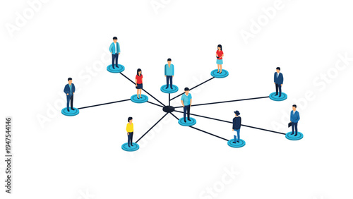 Network of diverse professional people connected together through a central hub illustrating global teamwork and community.