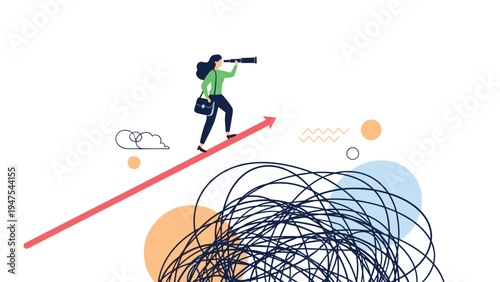 Visionary businesswoman with a telescope walking up a rising arrow above a chaotic tangle of blue lines and shapes.