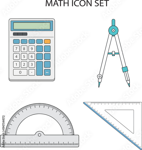 Math Stationery Icon Set with Calculator, Compass, Protractor, and Triangle Ruler Illustration