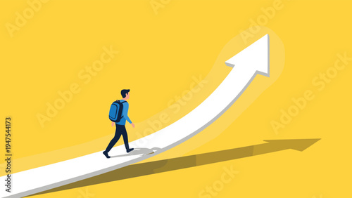 Determined traveler with a backpack walking up a massive white rising arrow against a bright yellow background.