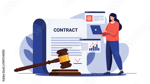 Professional woman works on her laptop next to a large contract document and a wooden gavel representing corporate law, justice, and ethics.