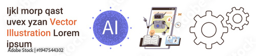 Artificial intelligence, automation, digital learning, innovation, technology design, and workflow. Central AI symbol with gadgets, book and gears. AI and automation concepts