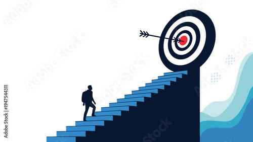 Silhouette of a motivated person with a backpack climbs a staircase towards a large target with an arrow symbolizing the path to success.