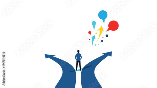 Silhouette of a person stands at a crossroads looking at two diverging arrows with colorful speech bubbles representing a difficult decision.