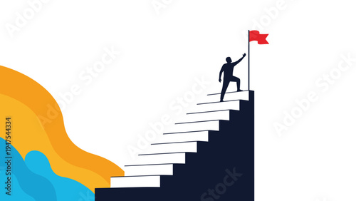 Silhouette of a man reaches for a red flag at the top of a steep flight of stairs representing success, achievement, and reaching a goal.