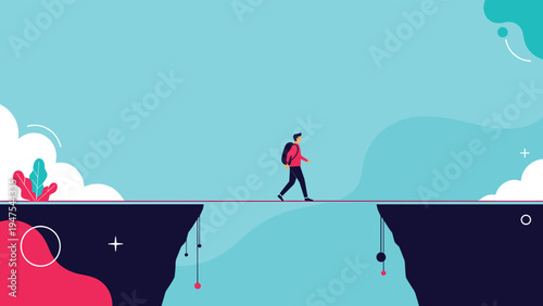 Determined man with a backpack walks carefully across a thin tightrope spanning a deep gap representing courage, risk, and a dangerous path.