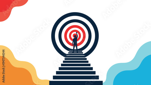 Silhouette of a person stands with an arm raised at the top of a flight of stairs in front of a giant target representing victory and glory.