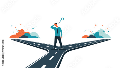 Confused businessman in a suit stands at a fork in the road while scratching his head representing a difficult career or life choice to make.