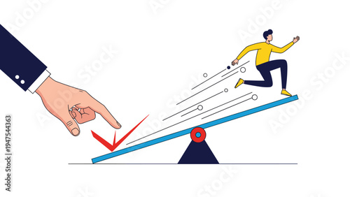 Giant hand in a suit pushes down on one side of a seesaw to launch a man into the air symbolizing leverage, support, and a career promotion.